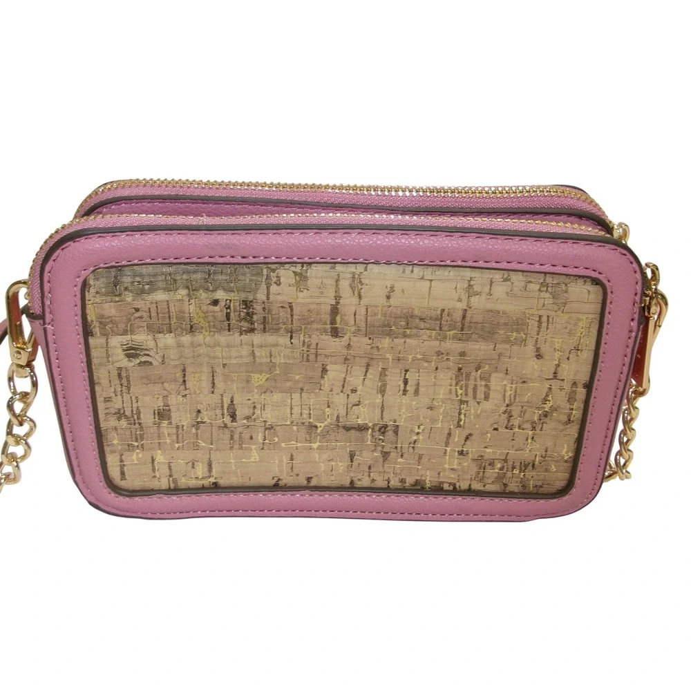 Anne Klein Pink Faux Leather Cork Crossbody Bag Gold Chain Triple Compartment
